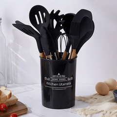 Kit 12 Peças Utensílios De Cozinha Premium em Silicone e Cabo Madeira
